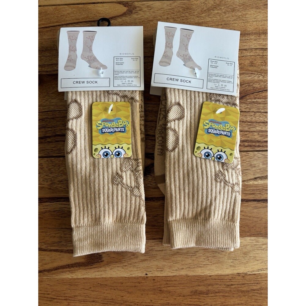 2 Pair Men's SpongeBob Square Pants Print Athletic Crew Socks Tan/Brown 6.5-12